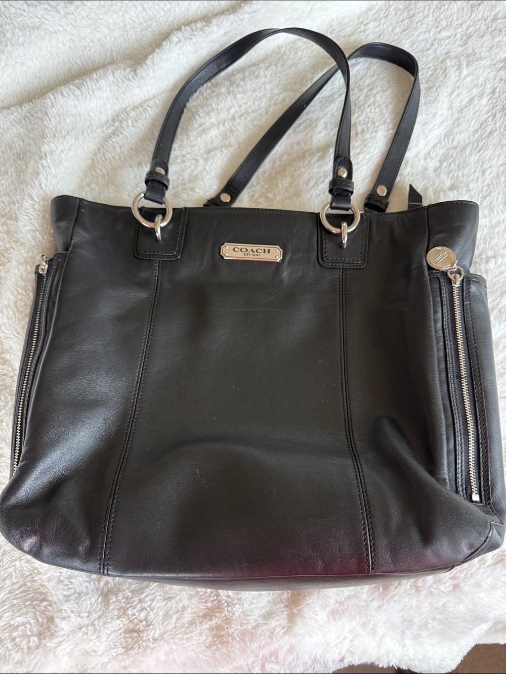 Coach Black Leather Double-Handle Tote with Zip Side Pockets